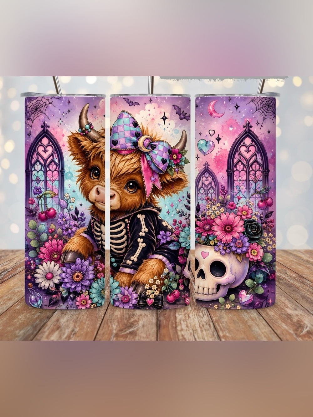 Cute Highland Cow Skull Floral Tumbler
